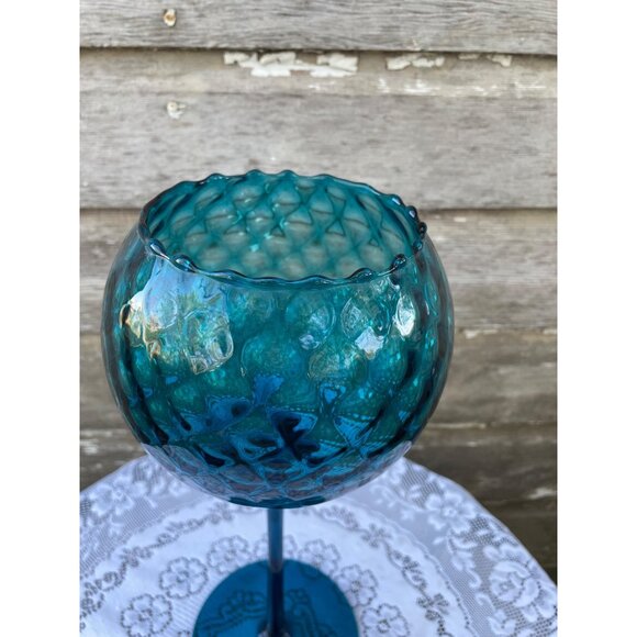 Vintage MCM Empoli Tall 14"  Turqoise Blue Glass Snifter Pedestal Vase Bowl - Picture 6 of 10